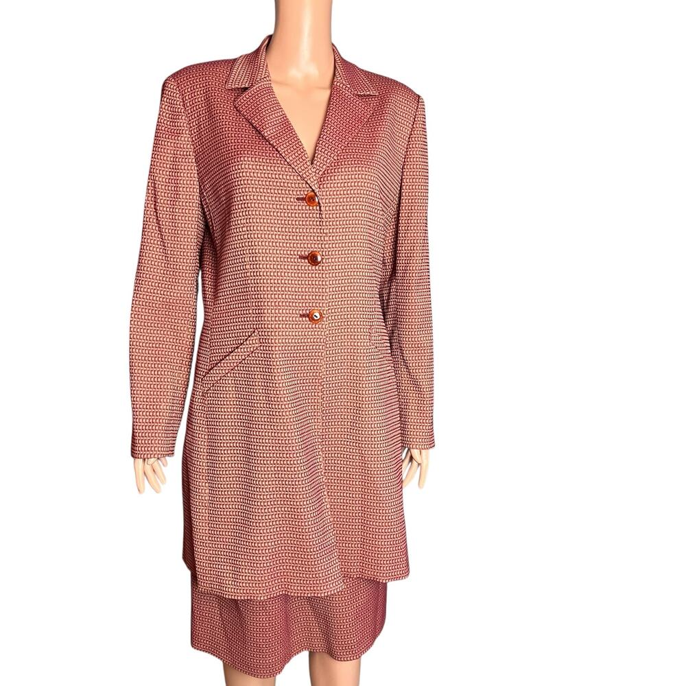 Le Suit Viscose Polyester Blend Skirt Suit Size 10 Burgundy Lined Long Jacket